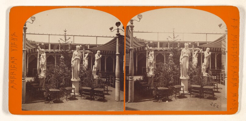 [Sculptures in garden with chairs and plants, possibly at Salem, Massachusetts]