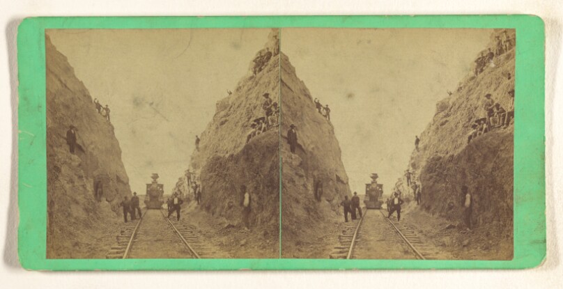 [Railroad scene, men at tracks and on cliffs, Union Pacific Railroad, Utah]