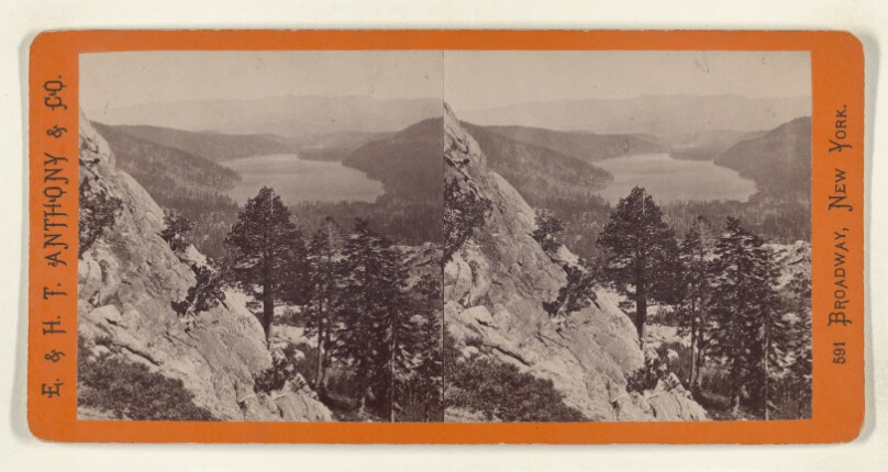 Donner Lake from the Summit of the Sierras. Humboldt Range 30 miles in the distance. Central Pacific Rail Road.