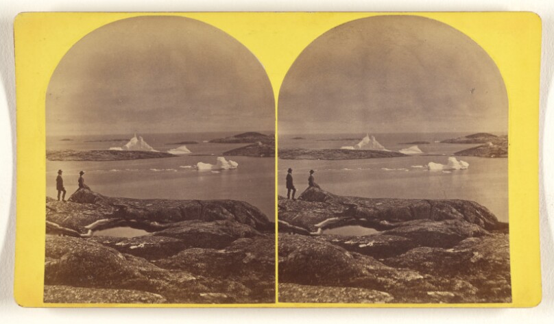 Labrador. Venison Island. View, East from Island, and large Icebergs.