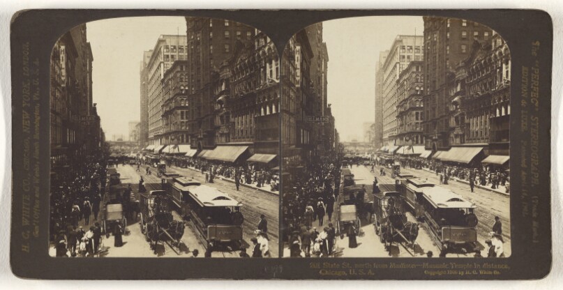 State St. north from Madison - Masonic Temple in distance, Chicago, U.S.A.