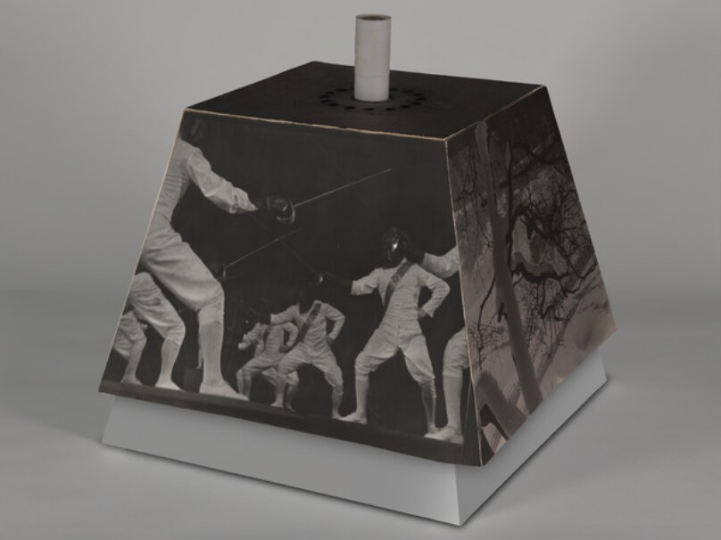 [Lampshade constructed of four photographs: portrait of Tatyana Malyutina, Lancers, Winter Scene, and Carriage Horse Racing]