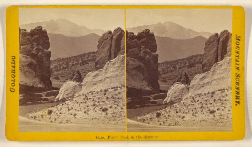 Gate, Pike's Peak in the distance [Garden of the "Gods", Colorado]