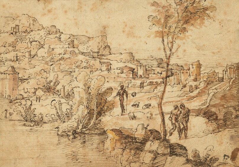 Landscape with Shepherds by a River and a Town Beyond (recto); Figure Studies and Roman Ruins (verso)