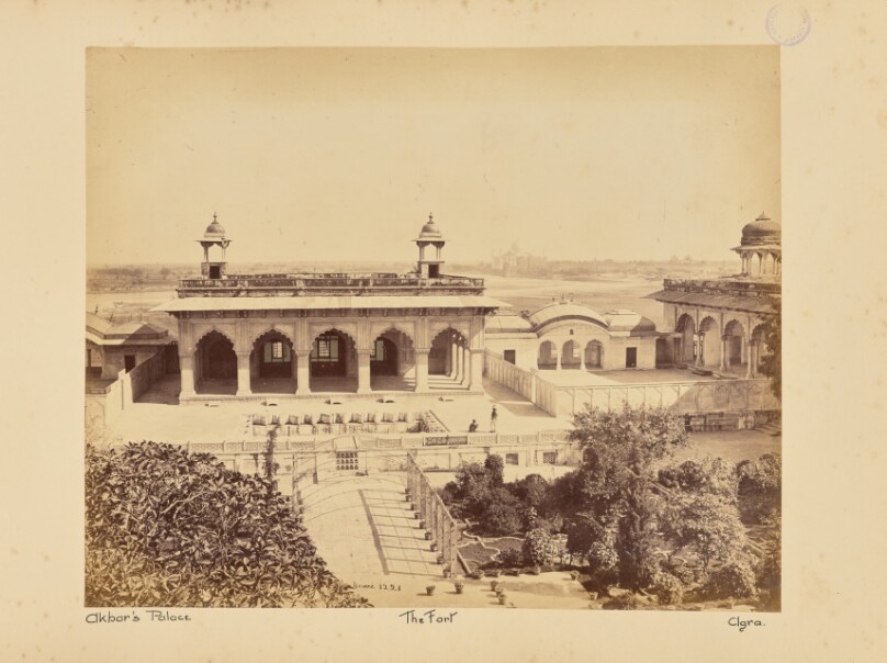 Agra; The Fort, the Palace of Akbar with the Taj in the Distance