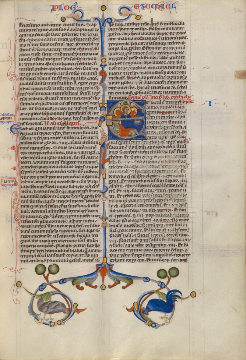 Initial E: Ezekiel Dreaming of the Four Evangelist Symbols