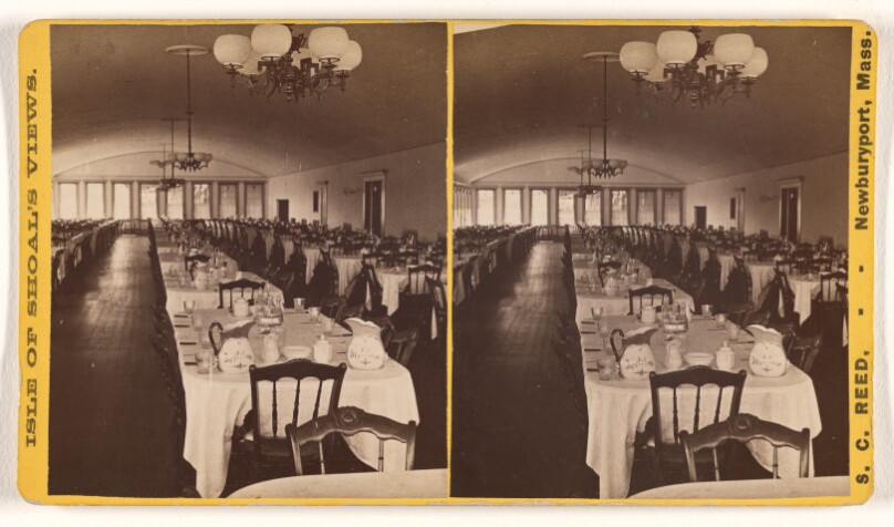 [Interior of a dining hall, Isle of Shoal, Newburyport, Mass.]