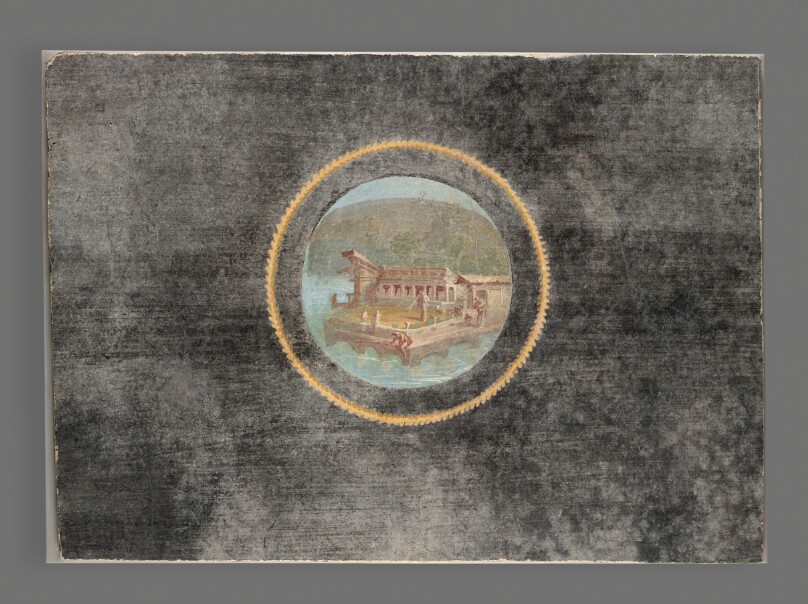 Black-Ground Fresco Fragment with Landscape in Tondo