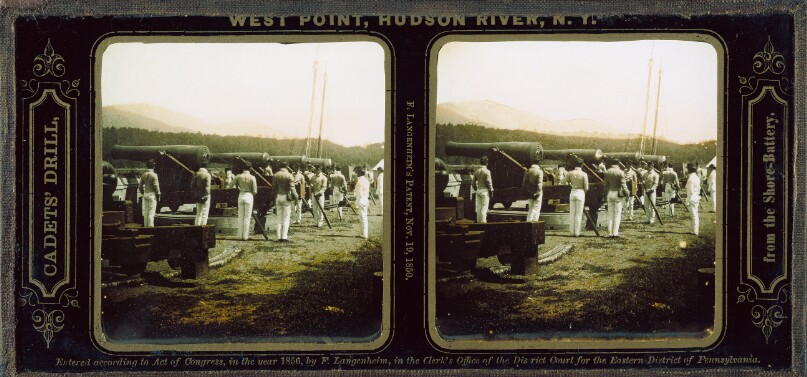 West Point, Hudson River, N.Y., Cadets' Drill, from the Shore-Battery