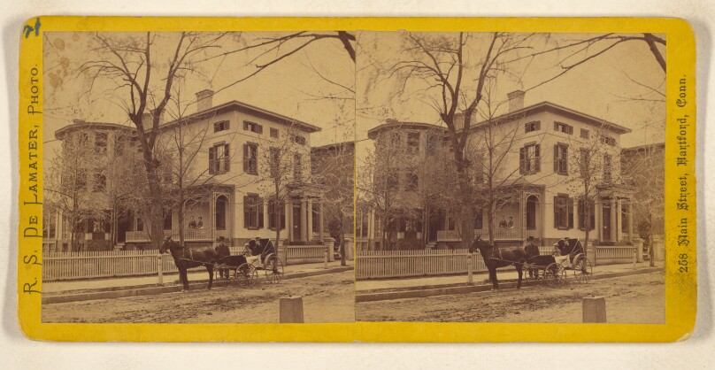 [Woman and child in horse-drawn carriage, man standing at side, Hartford, Connecticut]