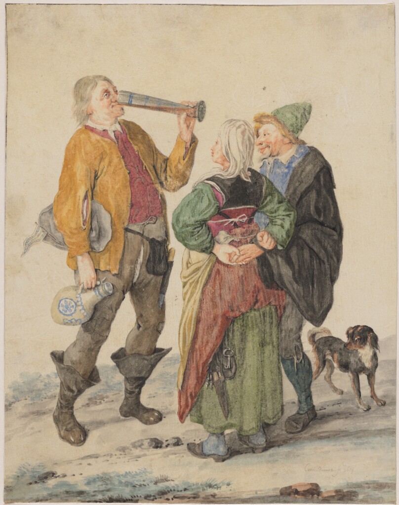 Drinking Man Observed by a Couple and a Dog