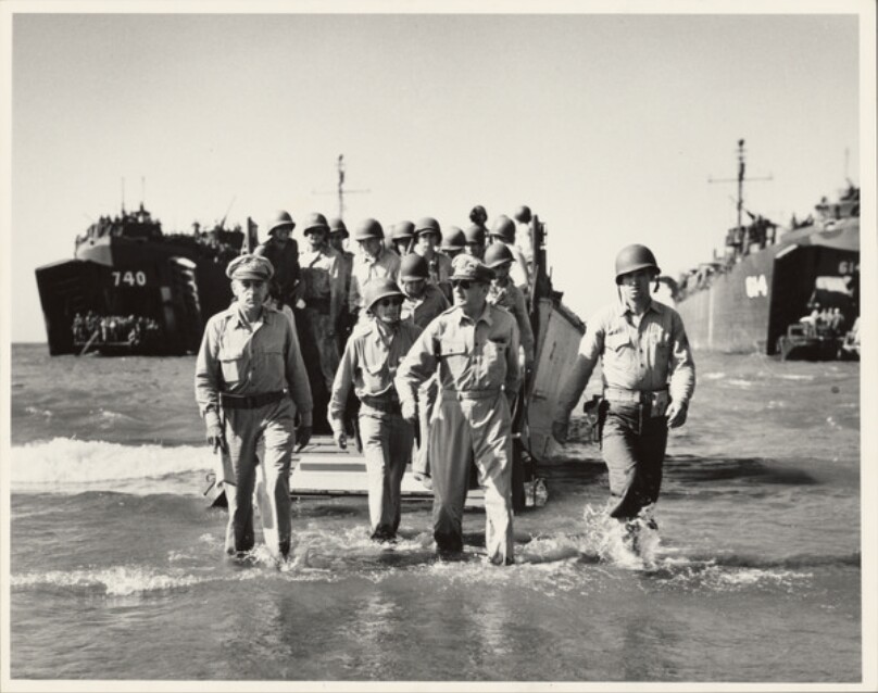 General Douglas MacArthur lands in the Philippines at Lingayen Gulf on Luzon