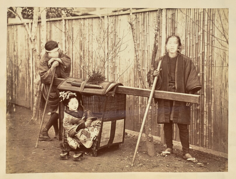 [Woman in a palanquin with two carriers]
