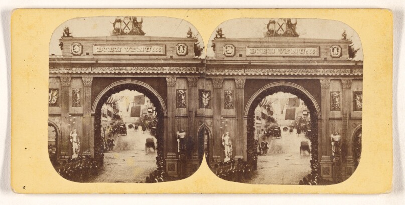 Arch in Commipiness Square, Montreal. For the Reception of H.R.H. the Prince of Wales, 25th August, 1860.