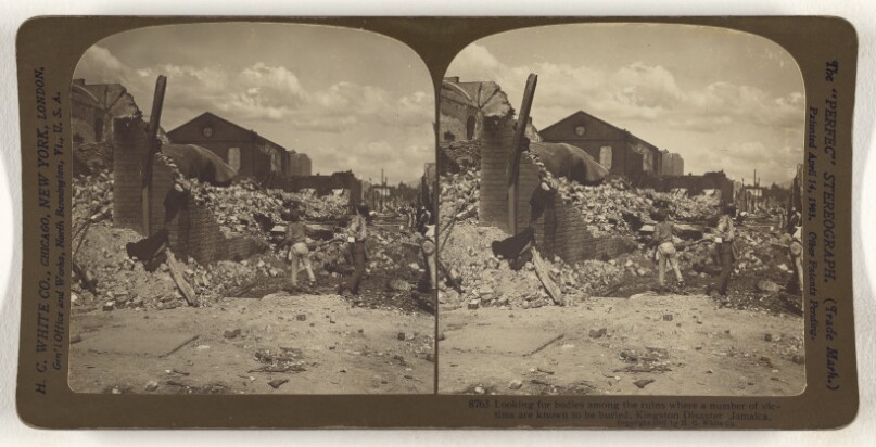 Looking for bodies among the ruins where a number of victims are known to be buried, Kingston Disaster, Jamaica.