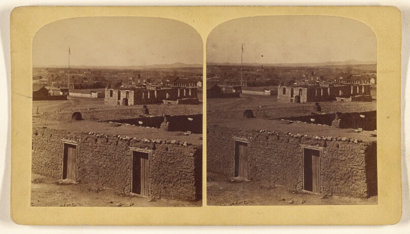 The City of Sante Fe, New Mexico. The "City of the Holy Faith" stands on both side of Sante Fe creek...