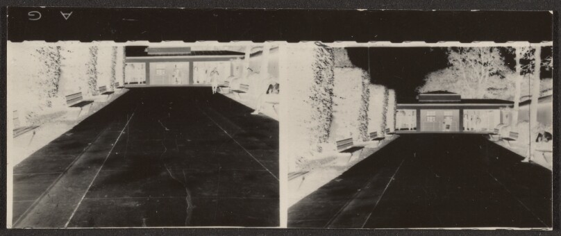 [Contact print-strip from two 37mm film positives: bench-lined entrance way in negative]