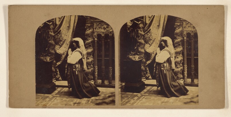 [Pious woman with hands in prayer-like position kneeling in profile]