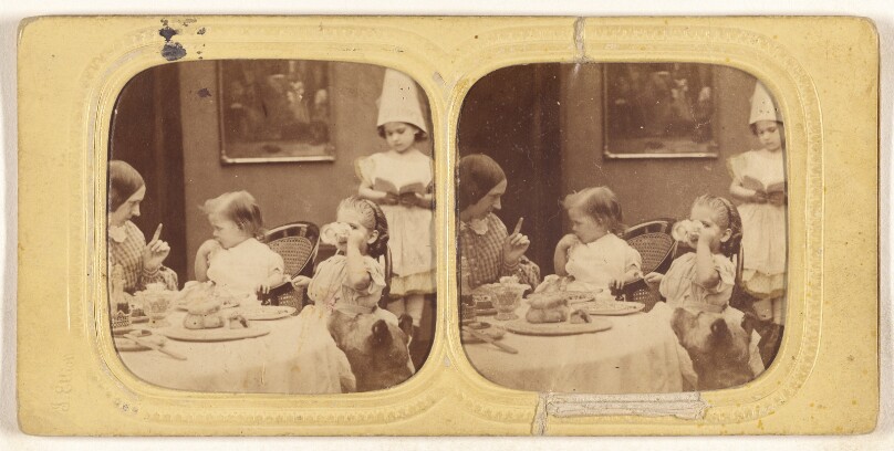 [Children at table eating, mother scolding one of them]
