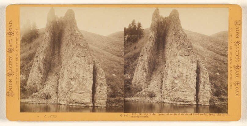 Devil's Slide, (parallel vertical strata of hard rock), from the R.R., looking South.