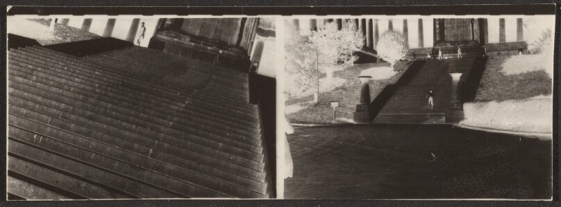 [Contact print-strip from two 37mm film positives: museum steps from left to right at angle/steps from greater distance, in negative]