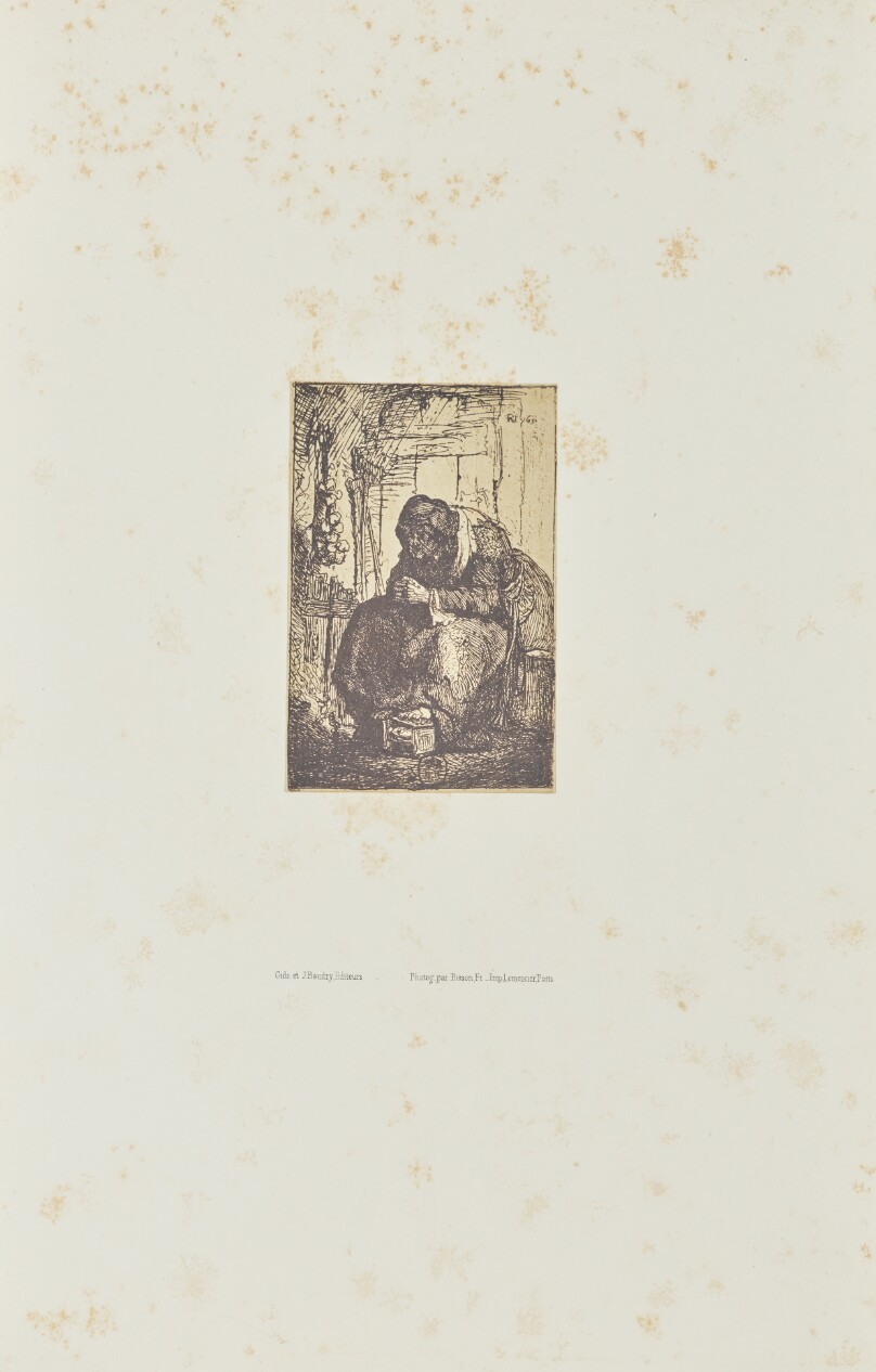 [Old woman seated in a cottage, with a string of onions on the wall]