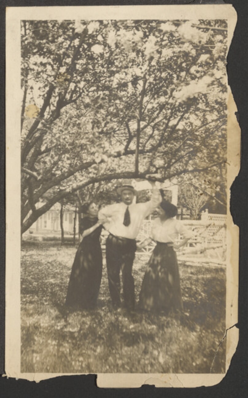 [Man and two women under tree]