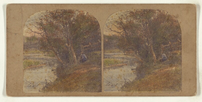 [Man in pensive mood seated at riverbank]
