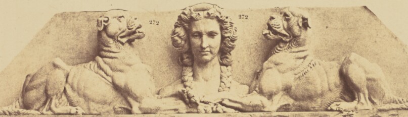 [Two Dogs on Either Side of a Female Head by Emmanuel Fremiet, Decoration of the Louvre, Paris]