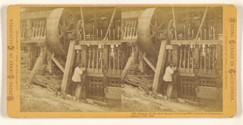 Stamps of the first Quartz Crushing Mill erected in California - Amador City, 1850.
