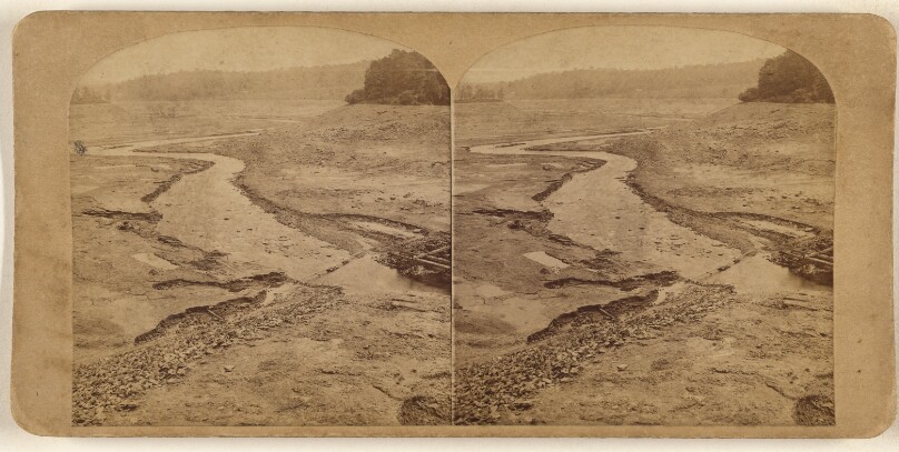The Great Johnstown Flood, May 31, 1889. From the top of the broken dam - looking into the reservoir.