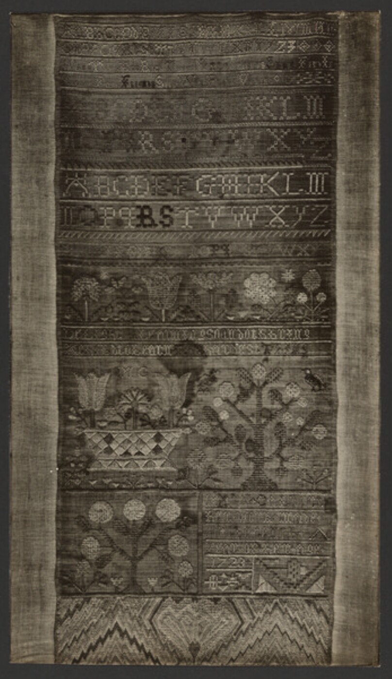 [Mary Calvert's needlepoint sampler from 1723]