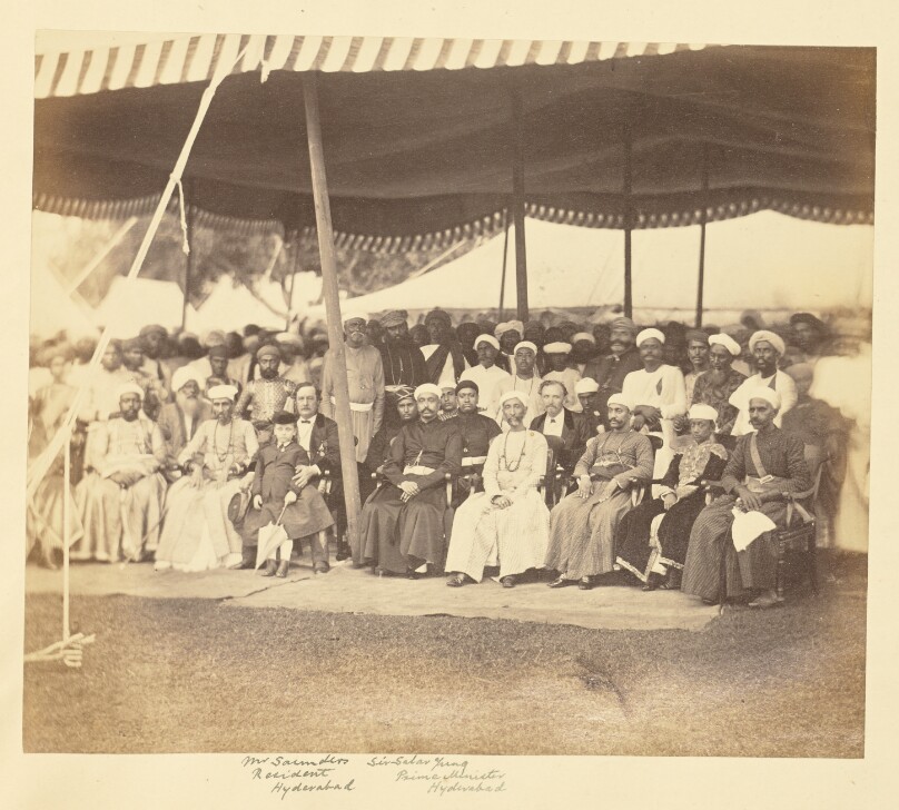[Group Portrait with Mr. C.B. Saunders, British Resident at Hyderabad, and Sir Salar Jung, Prime Minister of Hyderabad]