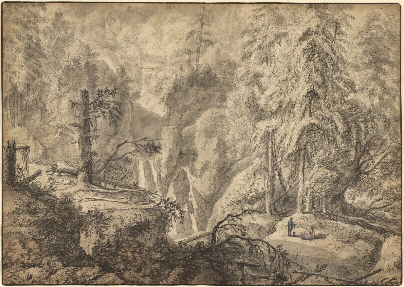 Mountain Landscape, Peasants in a Clearing near a Waterfall (recto); Landscape Sketch (verso)