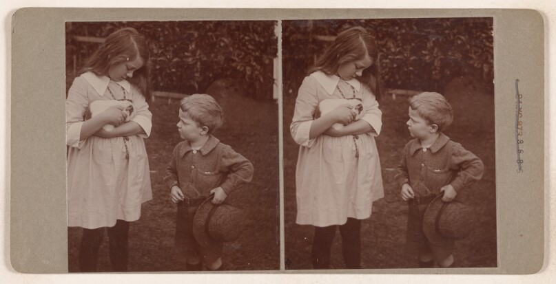 [Little girl holding a guinea pig, little boy observing, both standing] (recto); [Forest scene] (verso)