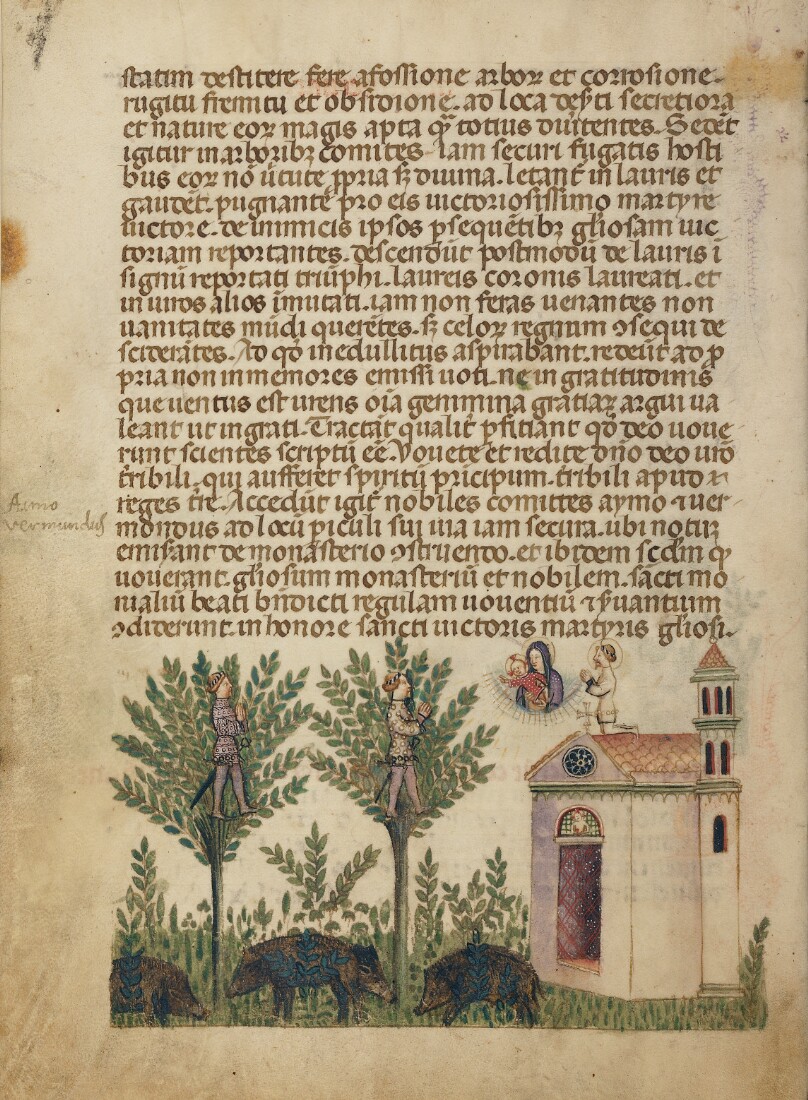 Aimo and Vermondo, Chased up Two Trees by Four Wild Boars, Appealing to the Virgin and Child and Saint Victor to Save Them
