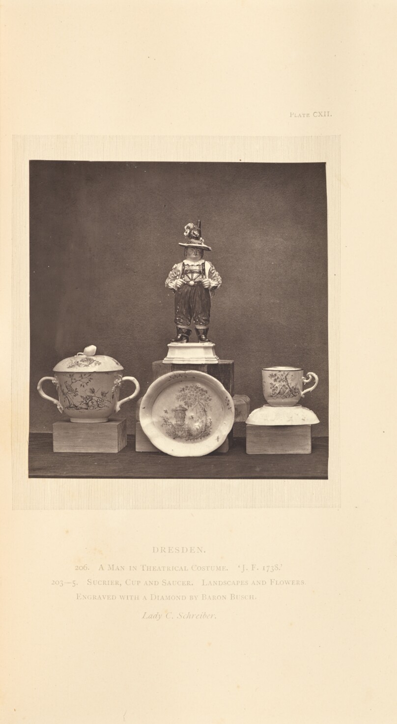 [Figure, sugar pot, cup, and saucer]