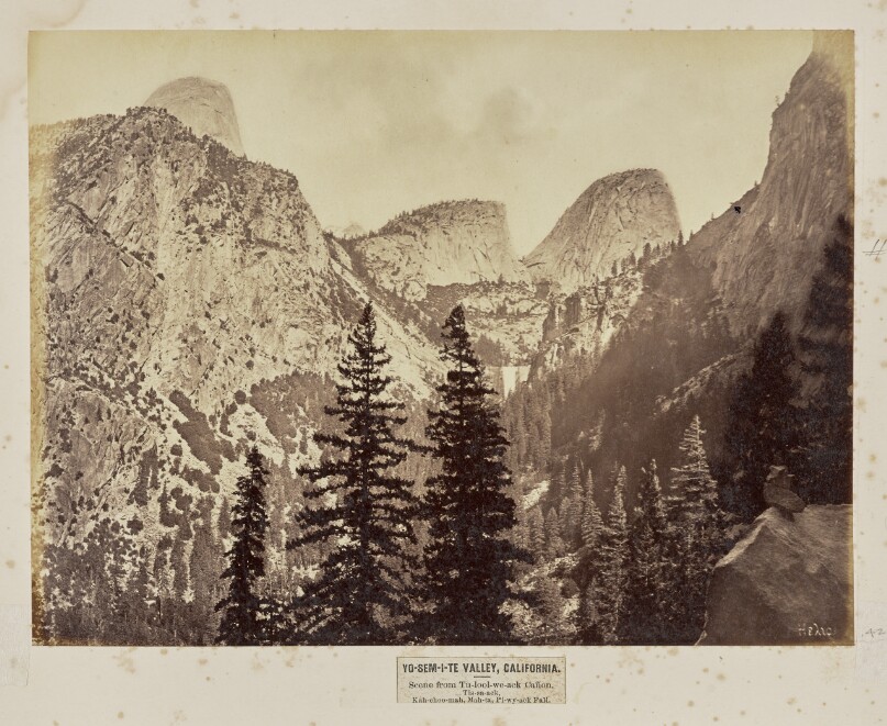 Yo-Sem-i-te Valley, California. Scene from Tu-lool-we-ack Cañon. Tis-sa-ack, Kah-choo-mah, Mah-ta, Pi-wy-ack Fall