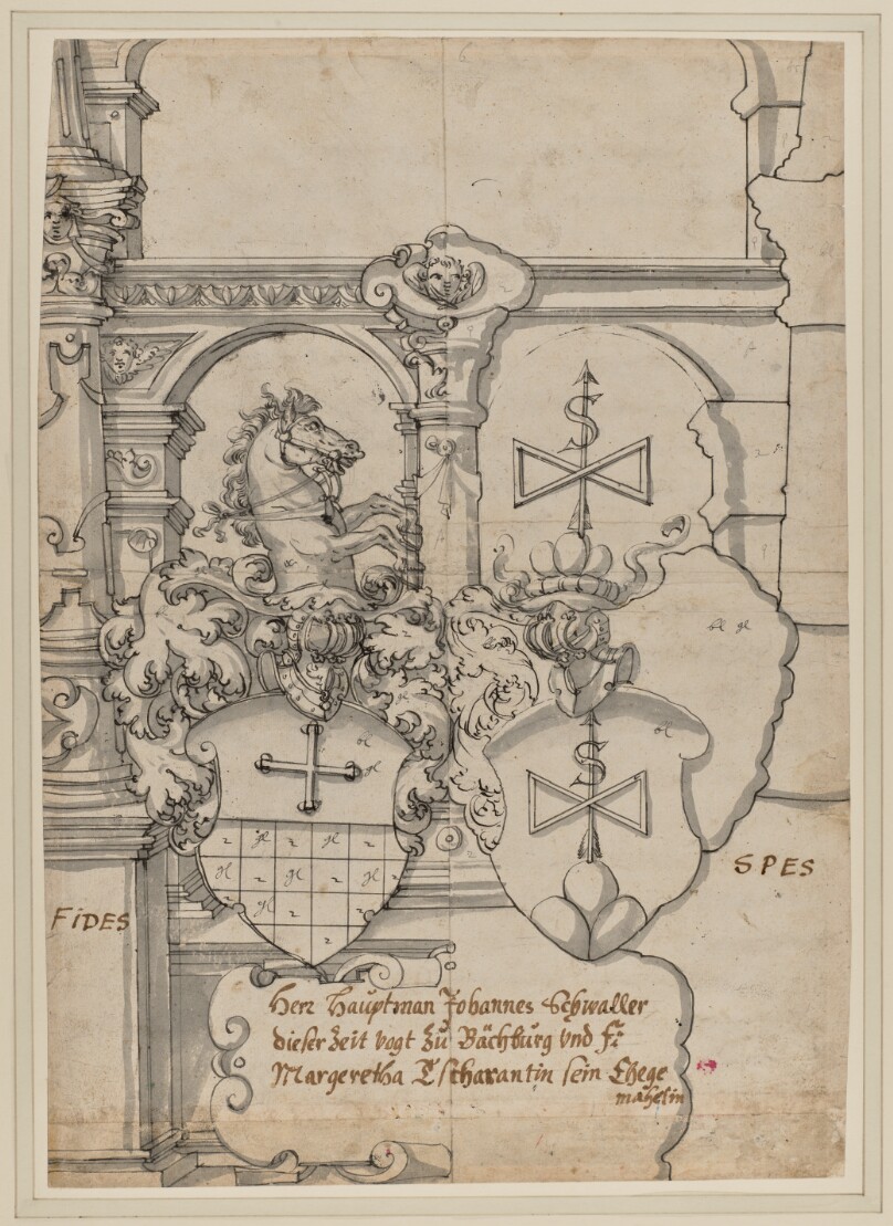Stained Glass Design with Two Coats of Arms (recto); Study of a Helm (verso)