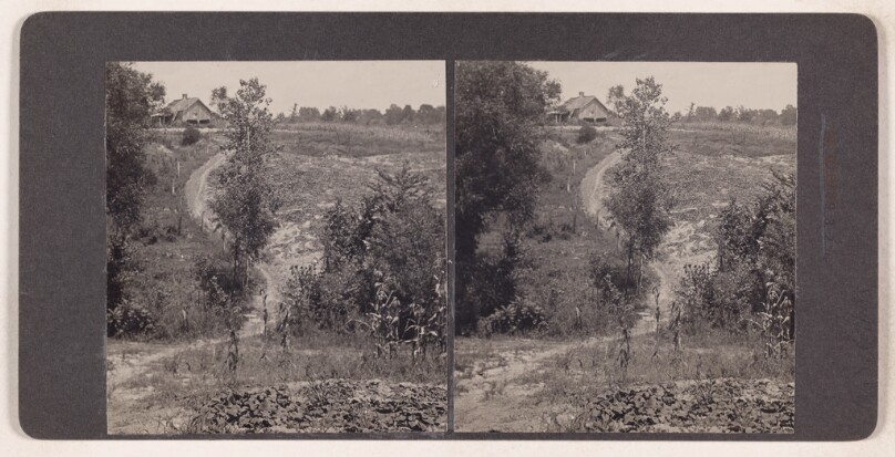 [Landscape with house in background] (recto); [Men in a cable car going over a river] (verso)