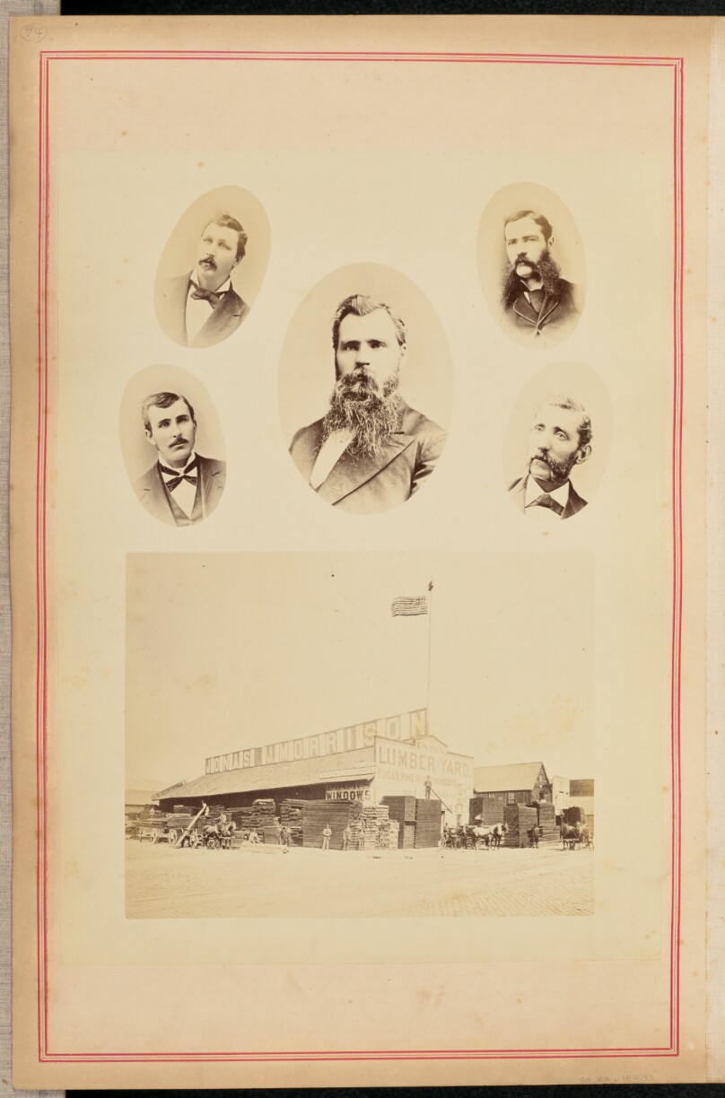 [Portraits of five men and Jonas J. Morrison's Union Lumber Yard, San Francisco]
