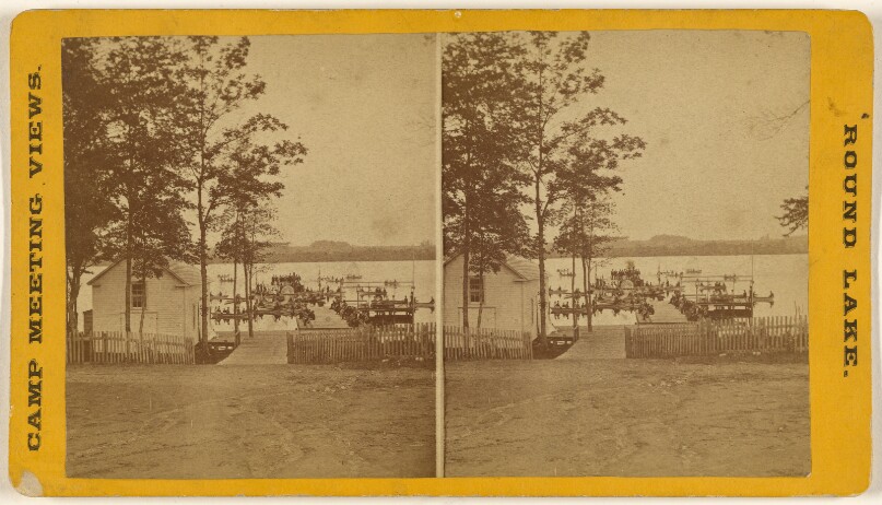 [Group of people at dockside, long angle view, Round Lake, Ballston Spa, New York - Camp Meeting View]