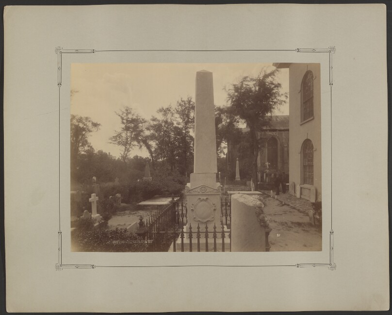 Displaced monument, St. John's Lutheran Church, Archdale Street between Clifford and King, looking south, Charleston