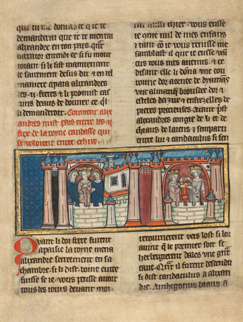 Alexander Making Peace between the Two Sons of Queen Candace, Who Gives Alexander Gifts