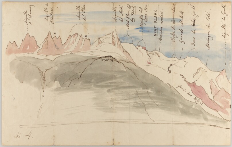The Mont Blanc range from near Chamonix (recto); Sketches of the Mont Blanc range from the Tapia above Chamonix, seen from Geneva, and seen from the Dole (verso)