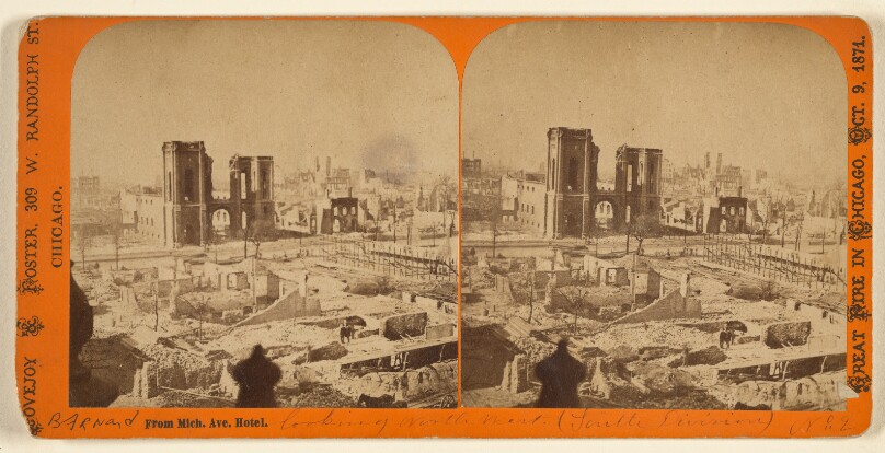 Great Fire in Chicago, October 9th, 1871. From Mich. Ave. Hotel. [looking North West (South Division)]
