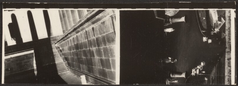 [Contact print-strip from two 37mm film positives: angular view of Munich Museum (?) steps and columns plus entrance drive to museum]