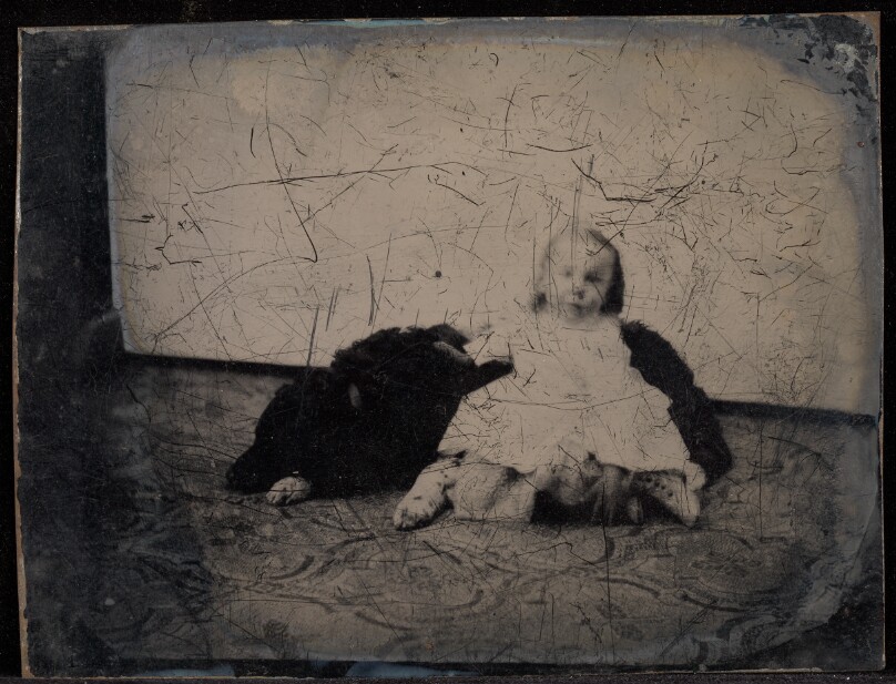 [Portrait of a child and dog]