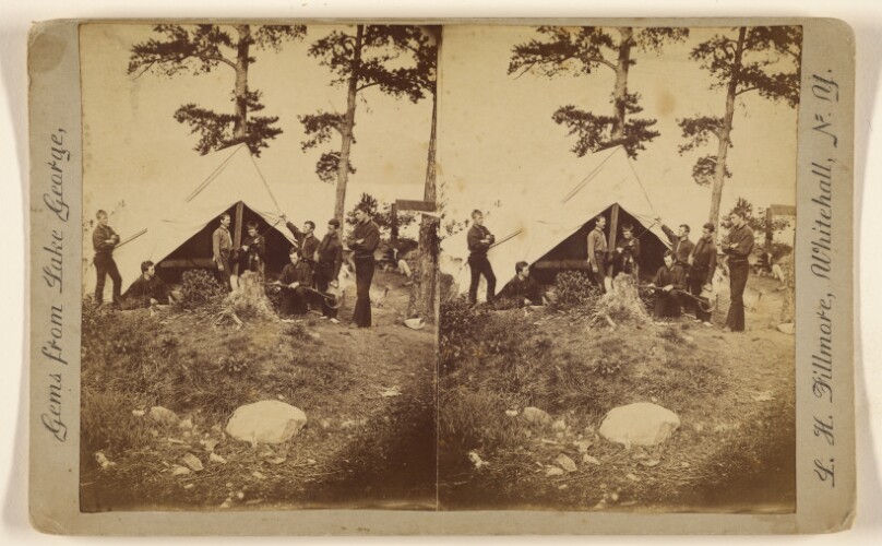 [Camp scene: men with guns in front of tent, Lake George, New York]