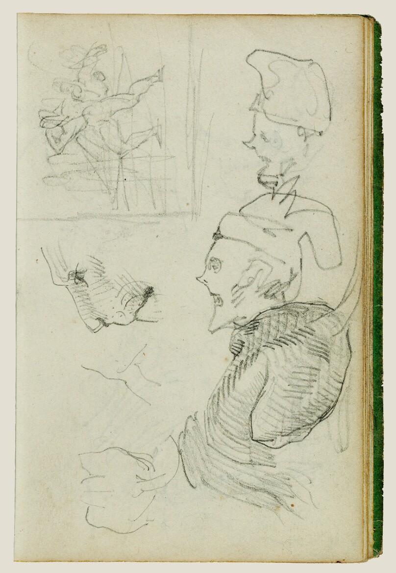 Studies of lion, compositional group figure study, two caricature head studies